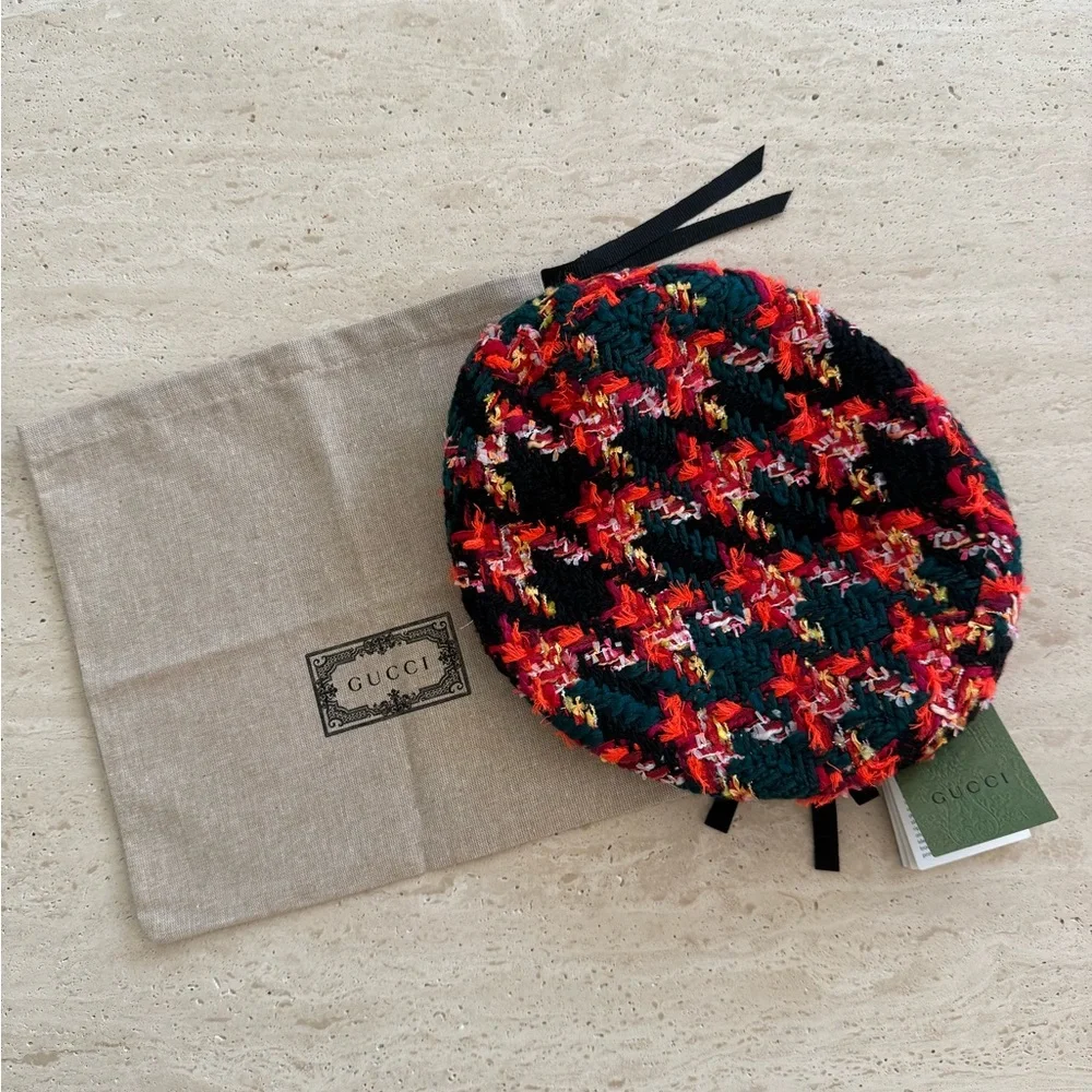 NWT GUCCI LAME BERET CAP Check Lame Sz S Multicolour Orange Tweed
